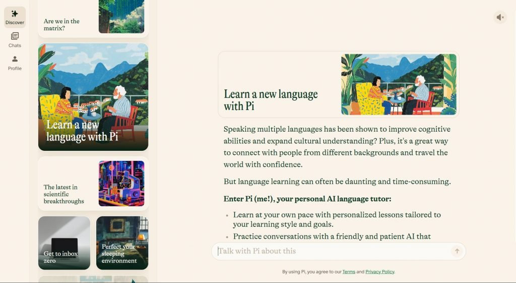 هوش مصنوعی Pi چیست؟ آموزش کامل استفاده برای تقویت زبان انگلیسی 3 محیط کاربری pi