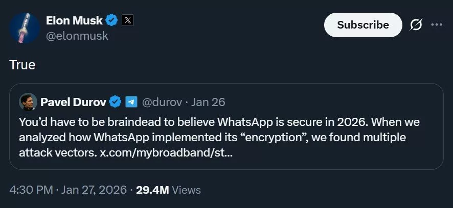 حمله پاول دورف و ایلان ماسک به واتس‌اپ